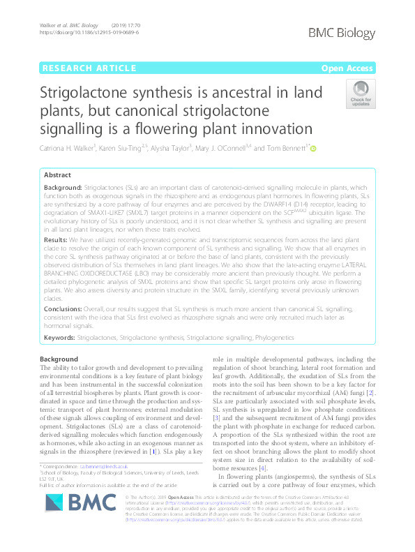 Strigolactone synthesis is ancestral in land plants, but canonical strigolactone signalling is a flowering plant innovation Thumbnail