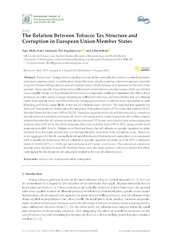 The Relation Between Tobacco Tax Structure and Corruption in European Union Member States Thumbnail