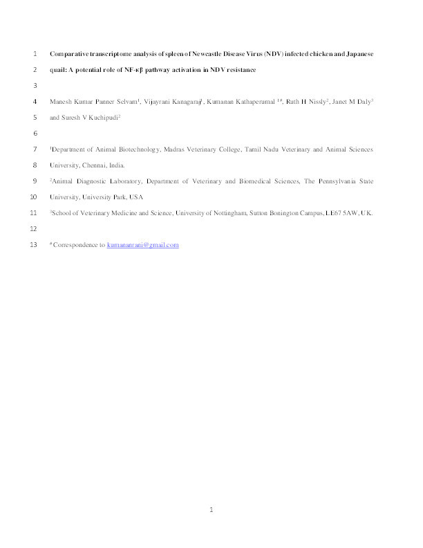 Comparative transcriptome analysis of spleen of Newcastle Disease Virus (NDV) infected chicken and Japanese quail: a potential role of NF-κβ pathway activation in NDV resistance Thumbnail