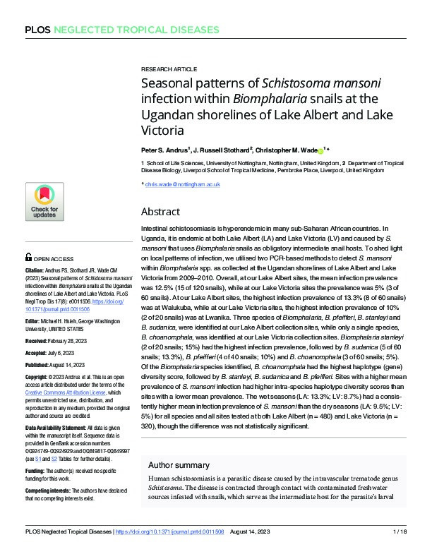 Seasonal patterns of Schistosoma mansoni infection within Biomphalaria snails at the Ugandan shorelines of Lake Albert and Lake Victoria Thumbnail