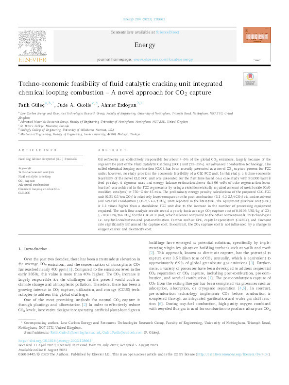 Techno-economic feasibility of fluid catalytic cracking unit integrated chemical looping combustion – A novel approach for CO2 capture Thumbnail