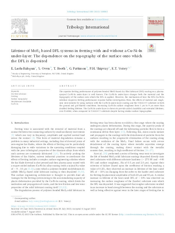 Lifetime of MoS2 based DFL systems in fretting with and without a Cu-Ni-In under-layer: the dependence on the topography of the surface onto which the DFL is deposited Thumbnail