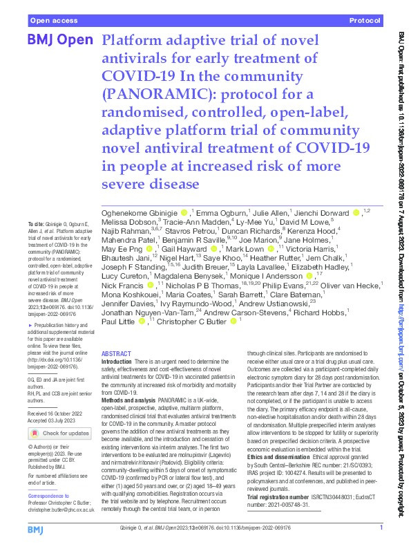 Platform adaptive trial of novel antivirals for early treatment of COVID-19 In the community (PANORAMIC): protocol for a randomised, controlled, open-label, adaptive platform trial of community novel antiviral treatment of COVID-19 in people at increased risk of more severe disease Thumbnail