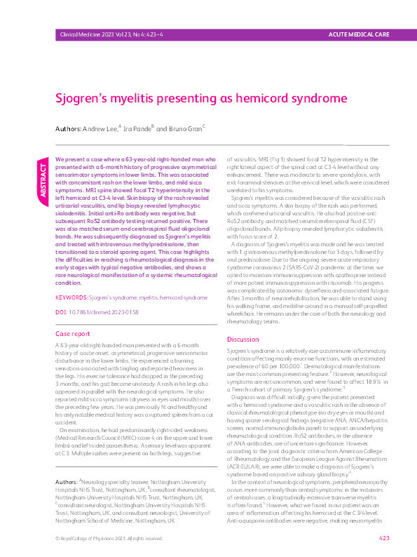 Sjogren's myelitis presenting as hemicord syndrome Thumbnail
