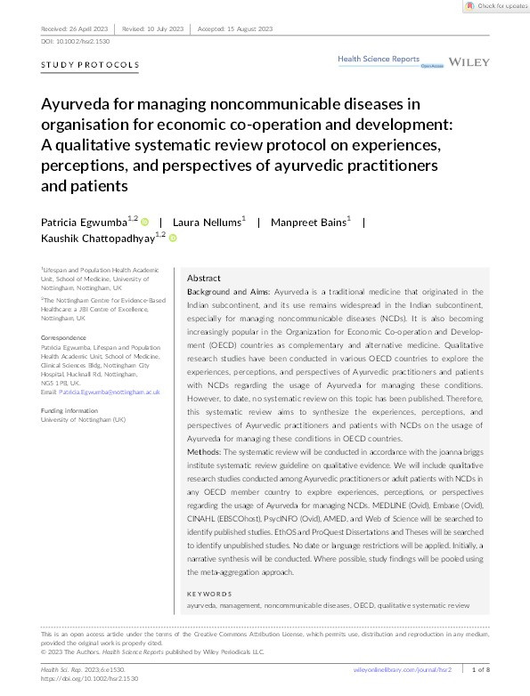 Ayurveda for managing non-communicable diseases in Organisation for Economic Co-operation and Development: a qualitative systematic review protocol on experiences, perceptions, and perspectives of Ayurvedic practitioners and patients Thumbnail