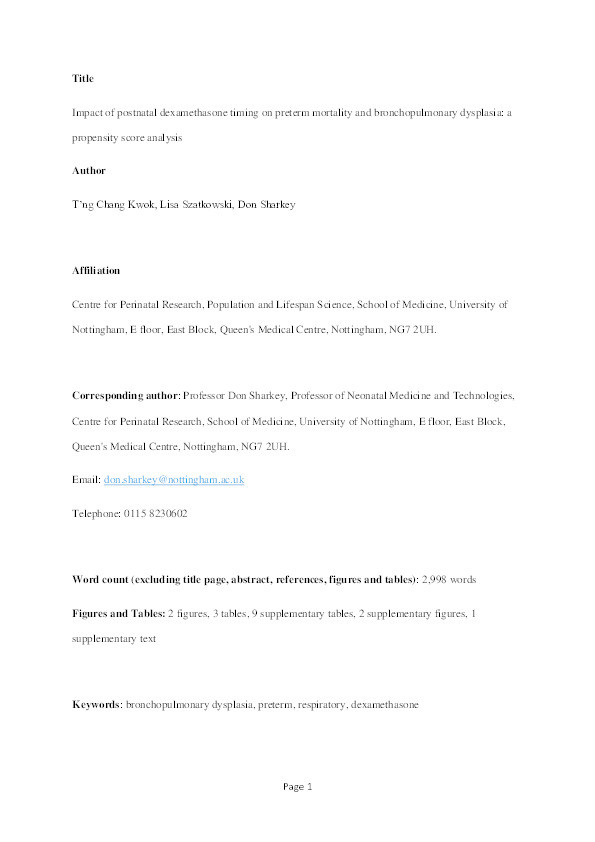 Impact of postnatal dexamethasone timing on preterm mortality and bronchopulmonary dysplasia: a propensity score analysis Thumbnail