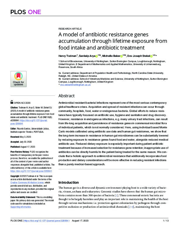 A model of antibiotic resistance genes accumulation through lifetime exposure from food intake and antibiotic treatment Thumbnail