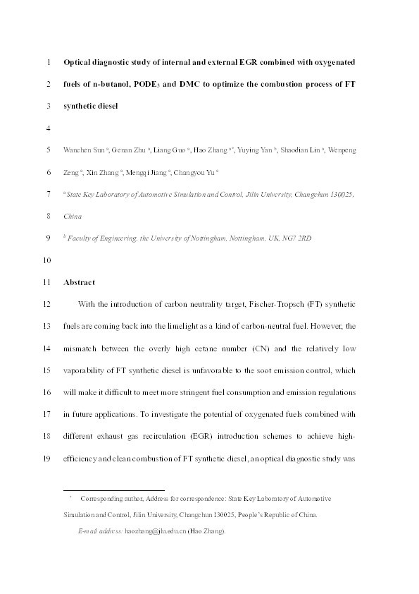 Optical diagnostic study of internal and external EGR combined with oxygenated fuels of n-butanol, PODE3 and DMC to optimize the combustion process of FT synthetic diesel Thumbnail