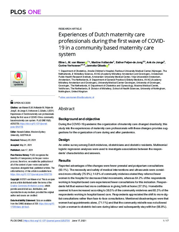 Experiences of Dutch maternity care professionals during the first wave of COVID-19 in a community based maternity care system Thumbnail