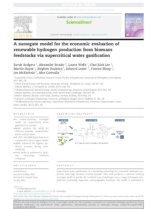 A surrogate model for the economic evaluation of renewable hydrogen production from biomass feedstocks via supercritical water gasification Thumbnail