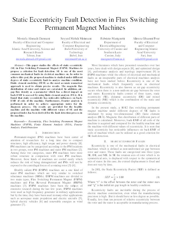 Static eccentricity fault detection in Flux Switching Permanent Magnet machines Thumbnail