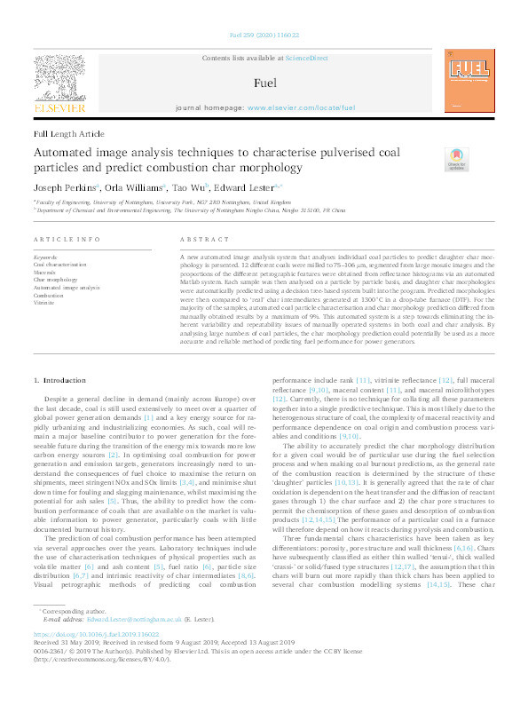 Automated image analysis techniques to characterise pulverised coal particles and predict combustion char morphology Thumbnail