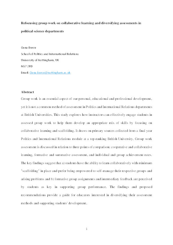 Refocusing group work on collaborative learning and diversifying assessments in political science departments Thumbnail