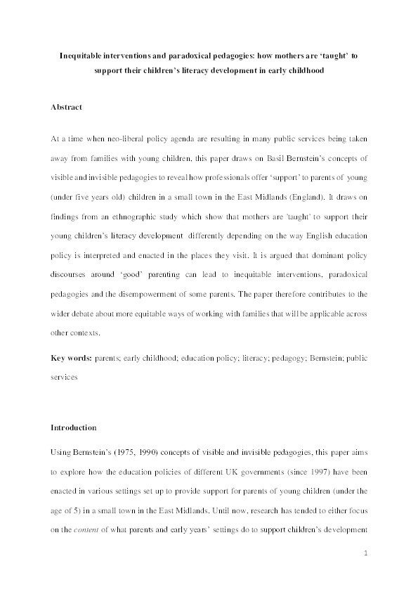 Inequitable interventions and paradoxical pedagogies: how mothers are ‘taught’ to support their children's literacy development in early childhood Thumbnail