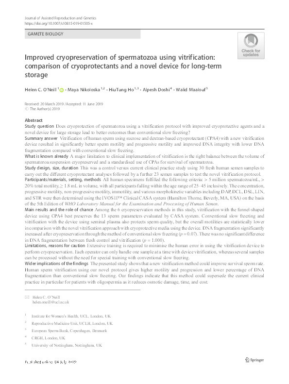 Improved cryopreservation of spermatozoa using vitrification: comparison of cryoprotectants and a novel device for long-term storage Thumbnail