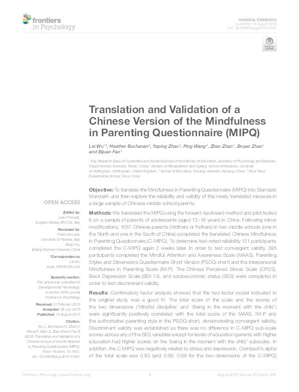 Translation and Validation of a Chinese Version of the Mindfulness in Parenting Questionnaire (MIPQ) Thumbnail