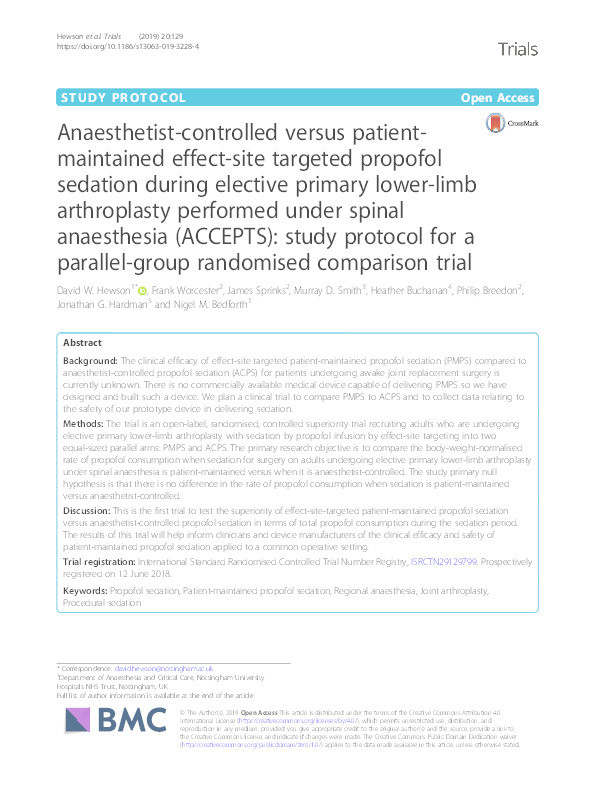 Anaesthetist-controlled versus patient-maintained effect-site targeted propofol sedation during elective primary lower-limb arthroplasty performed under spinal anaesthesia (ACCEPTS): study protocol for a parallel-group randomised comparison trial Thumbnail