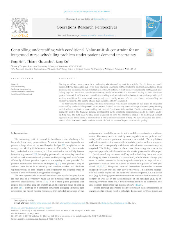 Controlling understaffing with conditional Value-at-Risk constraint for an integrated nurse scheduling problem under patient demand uncertainty Thumbnail