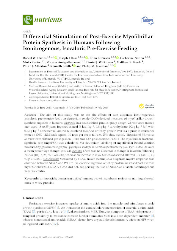 Differential Stimulation of Post-Exercise Myofibrillar Protein Synthesis in Humans Following Isonitrogenous, Isocaloric Pre-Exercise Feeding Thumbnail