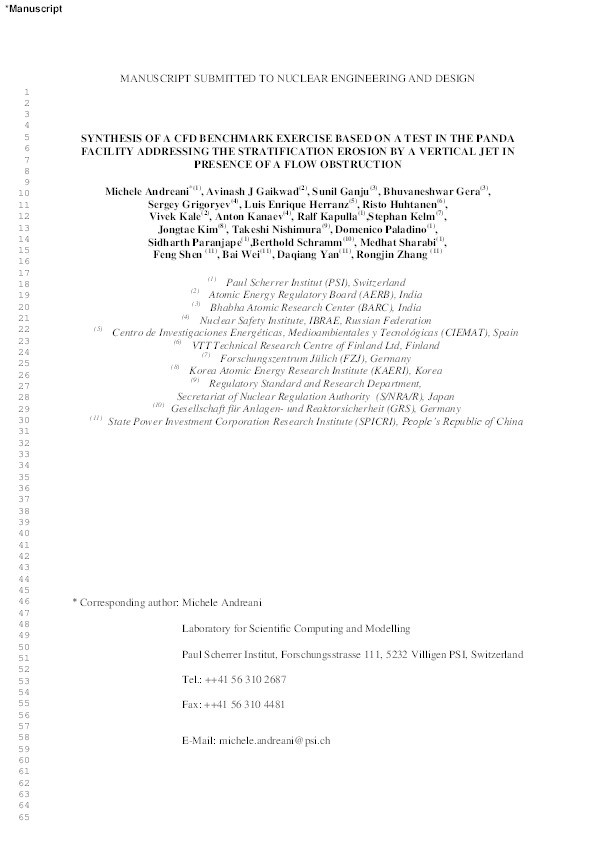 Synthesis of a CFD benchmark exercise based on a test in the PANDA facility addressing the stratification erosion by a vertical jet in presence of a flow obstruction Thumbnail