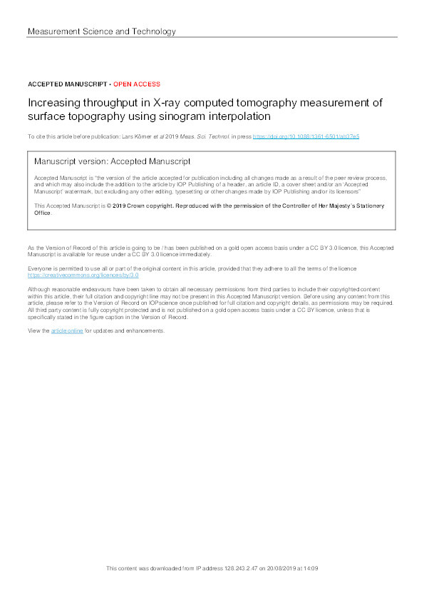 Increasing throughput in x-ray computed tomography measurement of surface topography using sinogram interpolation Thumbnail