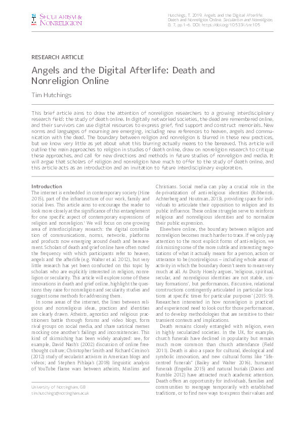 Angels and the Digital Afterlife: Death and Nonreligion Online Thumbnail