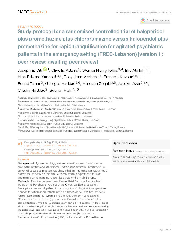 Study protocol for a randomised controlled trial of haloperidol plus promethazine plus chlorpromazine versus haloperidol plus promethazine for rapid tranquilisation for agitated psychiatric patients in the emergency setting (TREC-Lebanon) Thumbnail