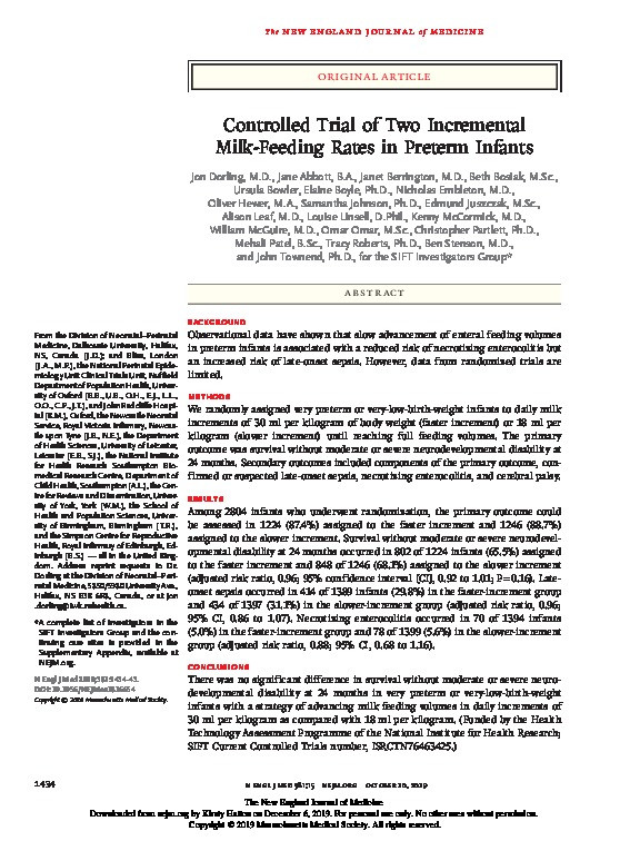 Controlled Trial of Two Incremental Milk-Feeding Rates in Preterm Infants Thumbnail
