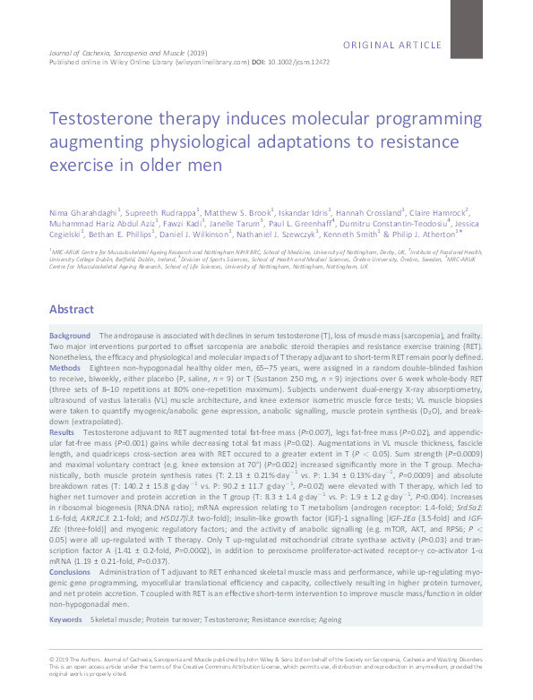 Testosterone therapy induces molecular programming augmenting physiological adaptations to resistance exercise in older men Thumbnail