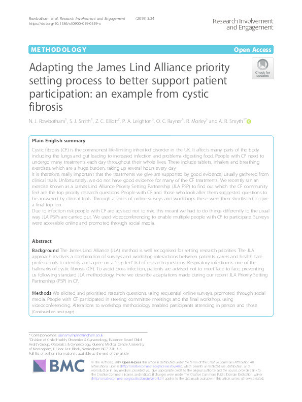 Adapting the James Lind Alliance priority setting process to better support patient participation: an example from cystic fibrosis Thumbnail