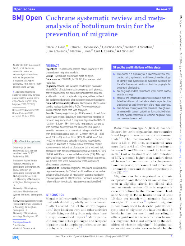 Cochrane systematic review and meta-analysis of botulinum toxin for the prevention of migraine Thumbnail