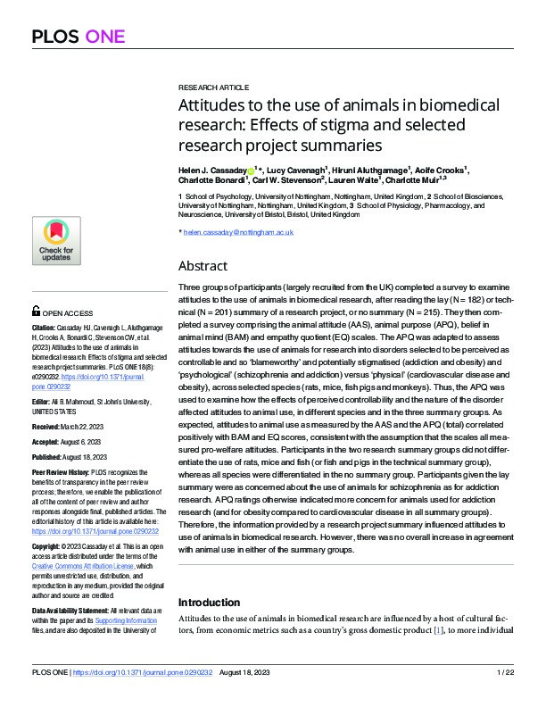 Attitudes to the use of animals in biomedical research: Effects of stigma and selected research project summaries Thumbnail