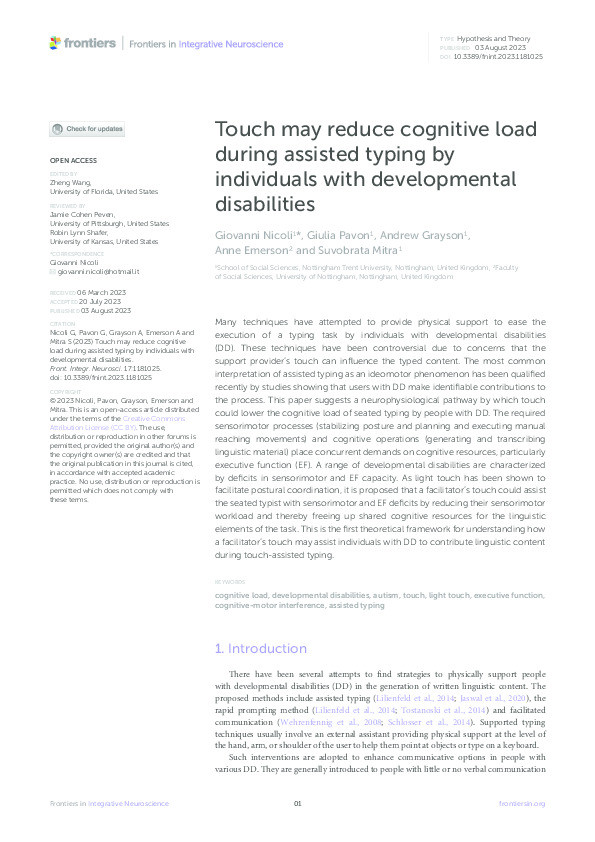 Touch may reduce cognitive load during assisted typing by individuals with developmental disabilities Thumbnail