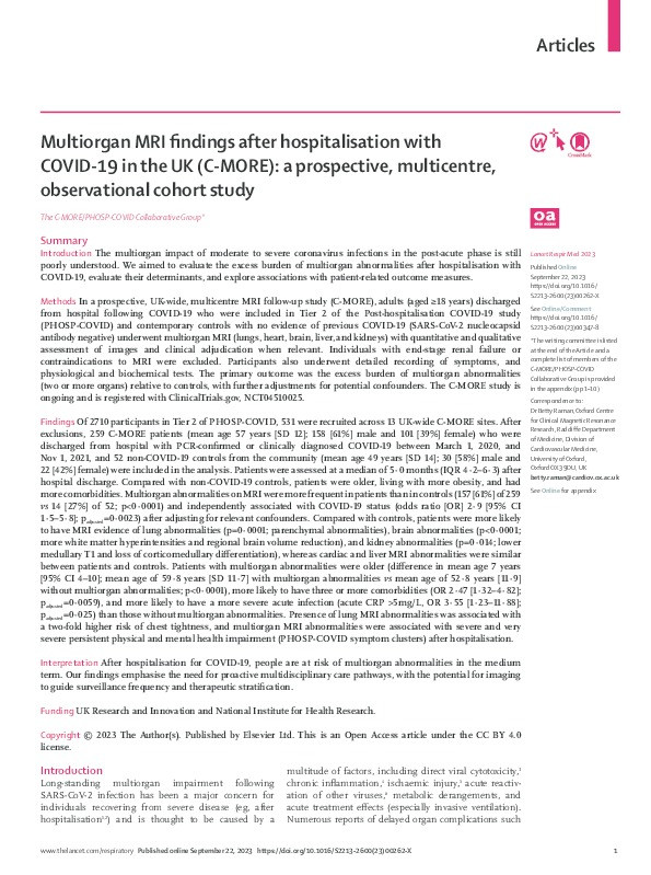 Multiorgan MRI findings after hospitalisation with COVID-19 in the UK (C-MORE): a prospective, multicentre, observational cohort study Thumbnail