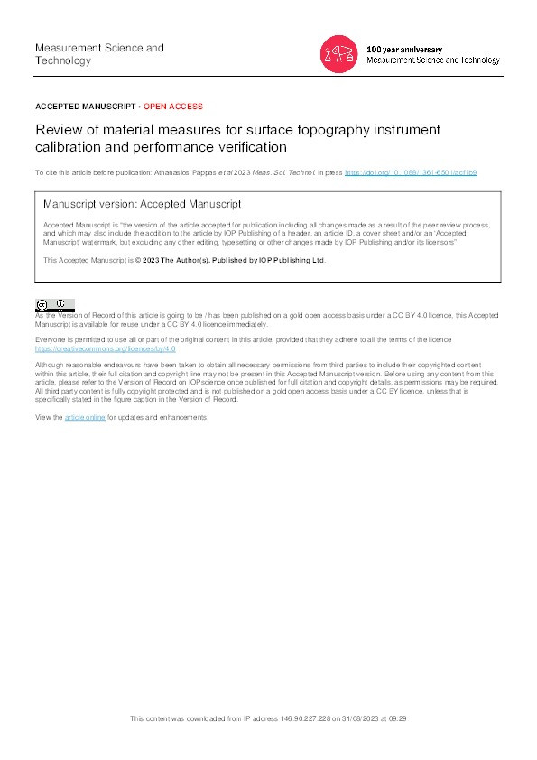Review of material measures for surface topography instrument calibration and performance verification Thumbnail