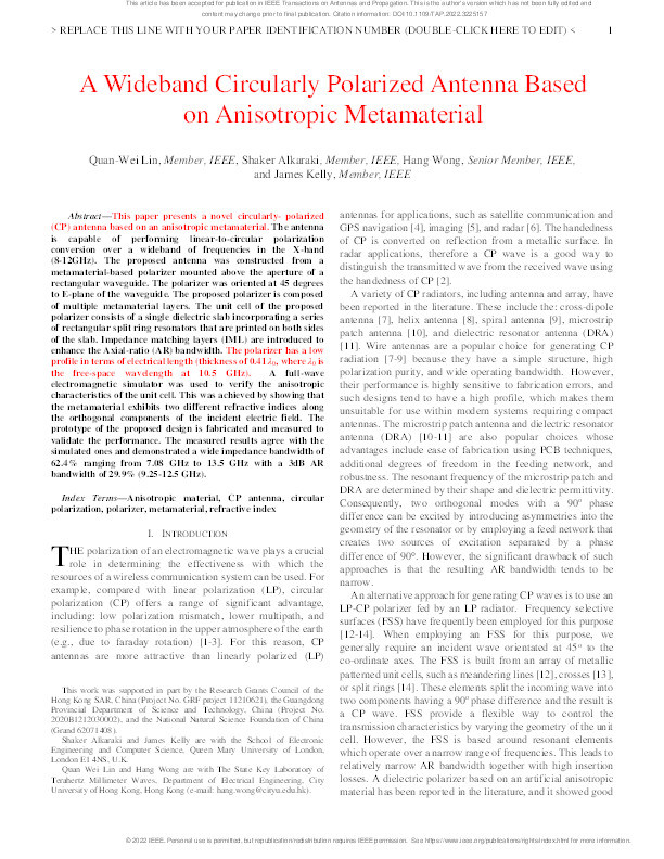 A Wideband Circularly Polarized Antenna Based on Anisotropic Metamaterial Thumbnail