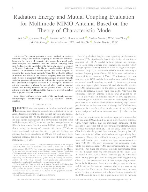 Radiation Energy and Mutual Coupling Evaluation for Multimode MIMO Antenna Based on the Theory of Characteristic Mode Thumbnail