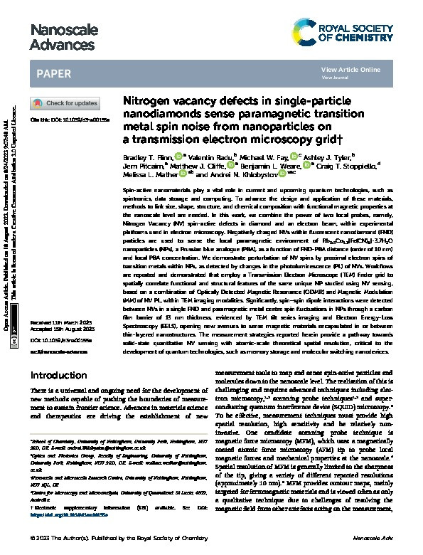 Nitrogen vacancy defects in single-particle nanodiamonds sense paramagnetic transition metal spin noise from nanoparticles on a transmission electron microscopy grid Thumbnail