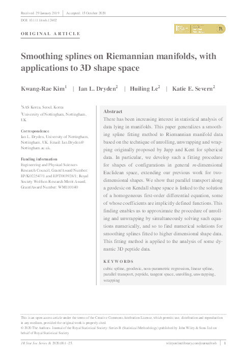 Smoothing splines on Riemannian manifolds, with applications to 3D shape space Thumbnail