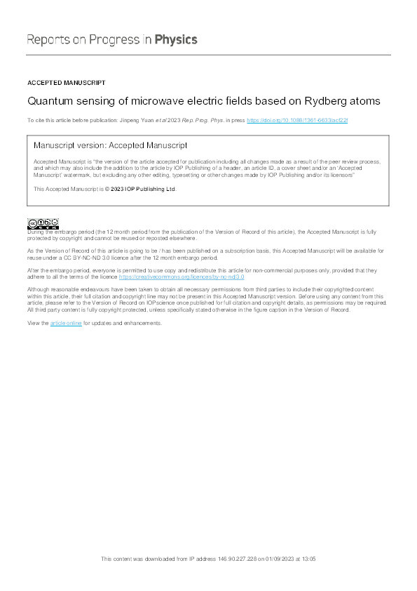 Quantum sensing of microwave electric ﬁelds based on Rydberg atoms Thumbnail