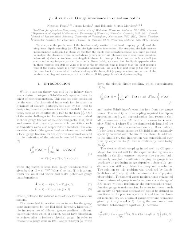 P · Â vs x · Ê: Gauge invariance in quantum optics and quantum field theory Thumbnail