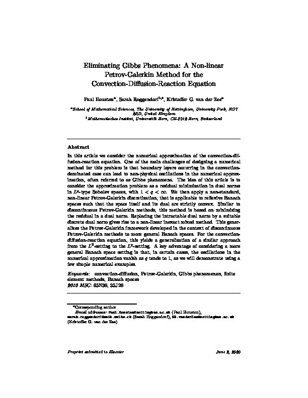 Eliminating Gibbs phenomena: A non-linear Petrov–Galerkin method for the convection–diffusion–reaction equation Thumbnail