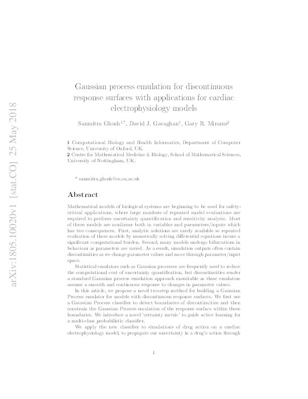 Gaussian process emulation for discontinuous response surfaces with applications for cardiac electrophysiology models Thumbnail