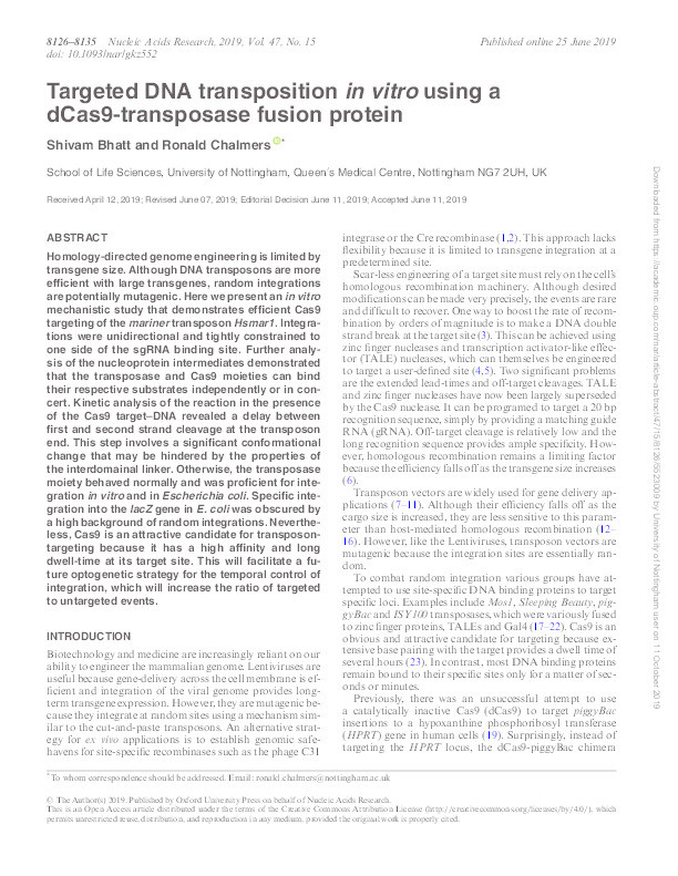 Targeted DNA transposition in vitro using a dCas9-transposase fusion protein Thumbnail