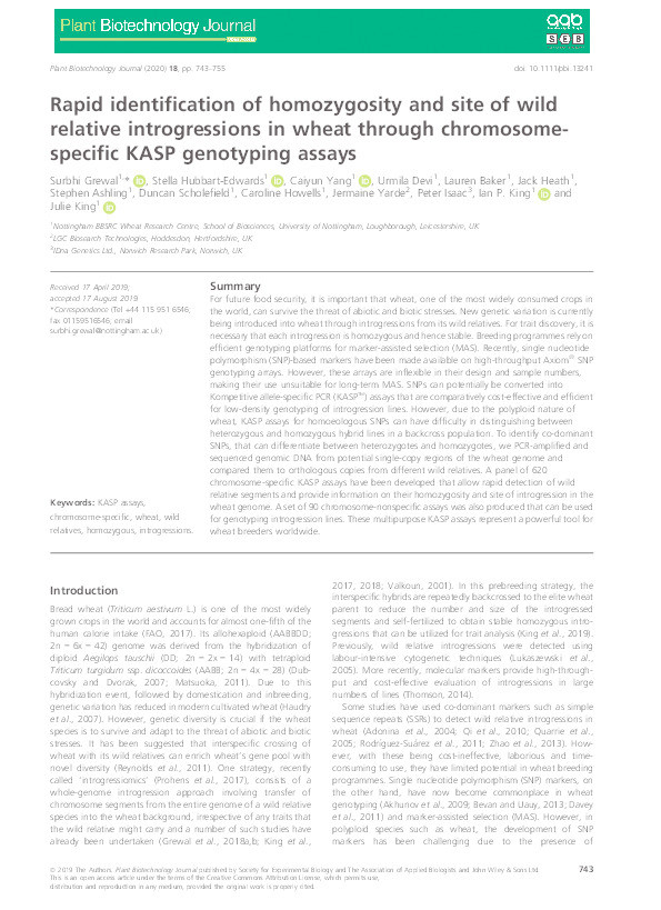 Rapid identification of homozygosity and site of wild relative introgressions in wheat through chromosome-specific KASP genotyping assays Thumbnail