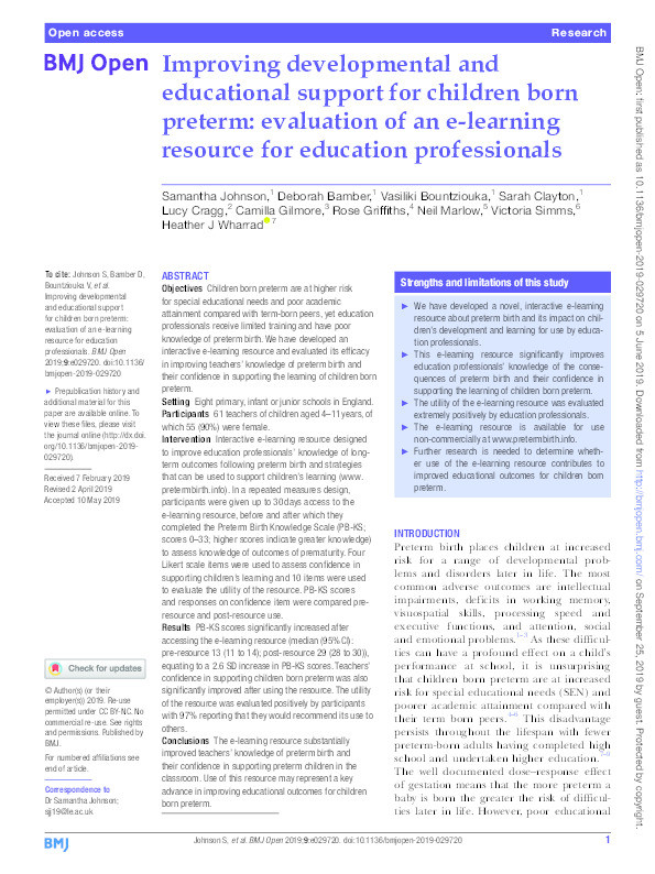 Improving developmental and educational support for children born preterm: evaluation of an e-learning resource for education professionals Thumbnail