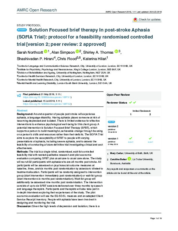 Solution Focused brief therapy In post-stroke Aphasia (SOFIA Trial): protocol for a feasibility randomised controlled trial Thumbnail