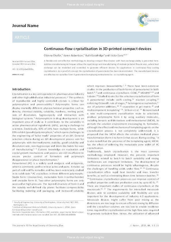 Continuous-flow crystallisation in 3D-printed compact devices Thumbnail