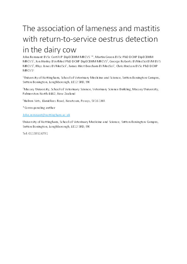 Association of lameness and mastitis with return-to-service oestrus detection in the dairy cow Thumbnail