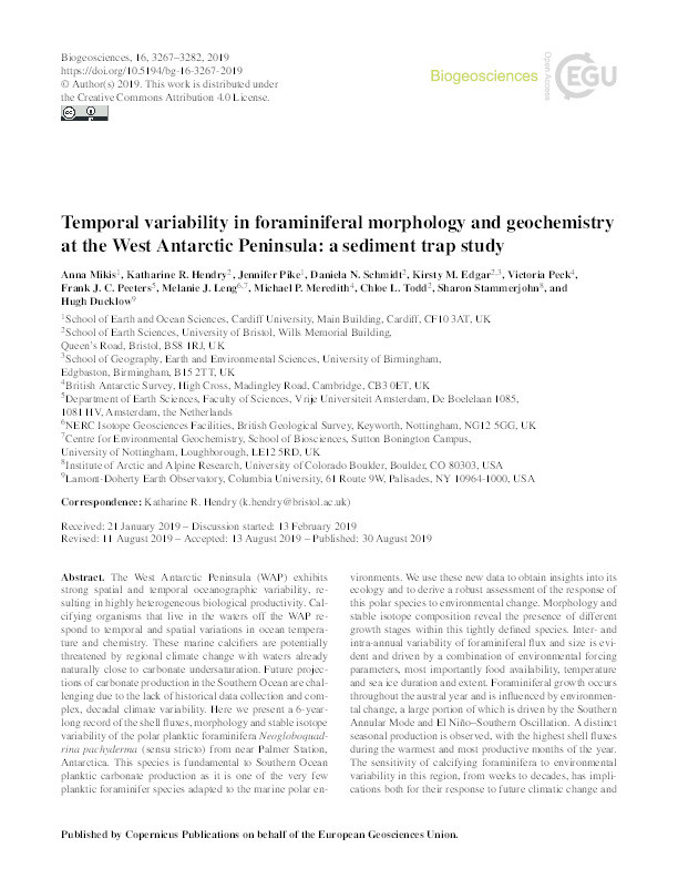 Temporal variability in foraminiferal morphology and geochemistry at the West Antarctic Peninsula: a sediment trap study Thumbnail
